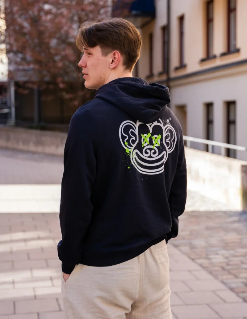 Back of a navy Lilmix Hidden Monkey Hoodie with the monkey print